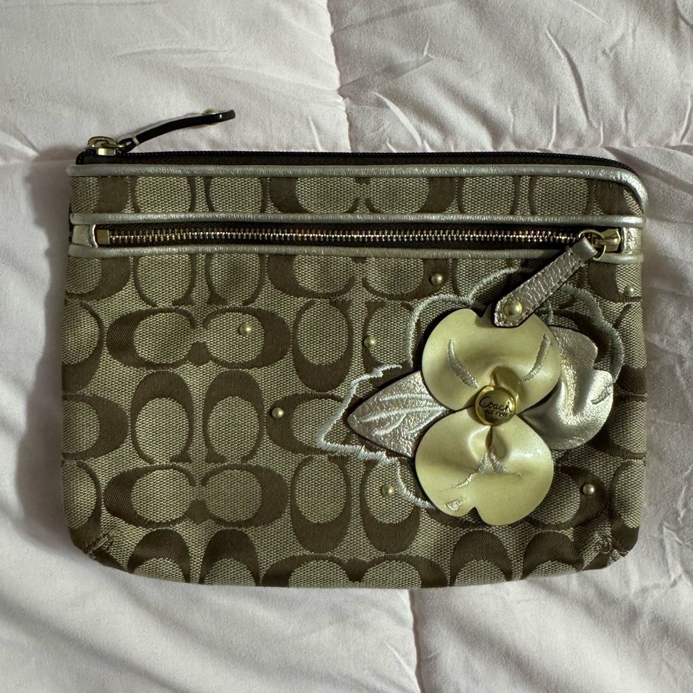 Coach Floral Accent Wristlet in Tan and Gold